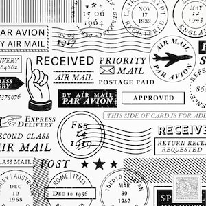 May include: Black and white vintage postage stamps with text including "Air Mail", "Priority Mail", "Par Avion", "Received", "Approved", "Express Delivery", "Second Class", "Post", "Registered", "This Side of Card is for Address", "Return Receipt Requested", "Tokyo Japan", "Rome Italy", "Sydney Australia", "Germany", "Egypt", "England", "Feb 14 1919", "Dec 10 1956", "Mar 30 1962", "May 12 1943", "Nov 17 1932", "Dec 10 1968", "15 00 1904", "05 03 1917", "860", "Postage Paid", "By Air Mail", "SP Paper Luminary".