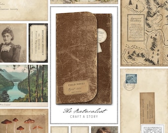 May include: A vintage-inspired craft kit with a brown leather-bound journal, a map, a botanical specimen label, and a vintage postcard. The kit is titled "The Naturalist: Craft a Story".