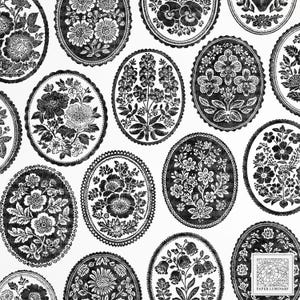 Pode incluir: Um padrão repetido de desenhos florais ovais em preto e branco. Cada oval apresenta um arranjo floral diferente com detalhes intrincados. Os ovais são delineados com uma borda decorativa, sobre um fundo branco. O texto "PAPER LUMINARY" está em um pequeno quadrado.