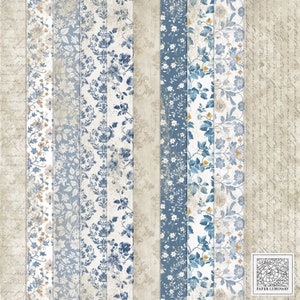 Conjunto de papel azul francês desgastado para impressão digital - papéis de diário vintage, download digital, papéis para impressão, papéis de colagem, scrapbooking