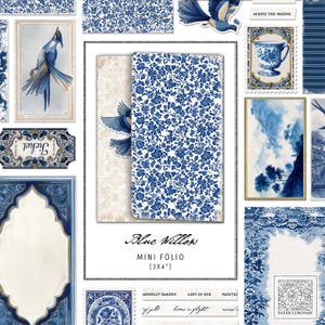 Mini folio imprimible Heritage / Blue Willow + efímera: folio de estilo vintage para diarios basura, descarga digital y scrapbooking.