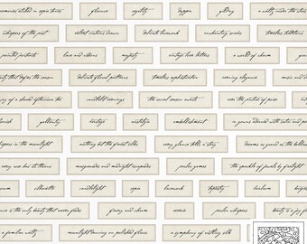 May include: A beige background with a grid of white rectangles containing handwritten text. Each rectangle features a different phrase related to elegance, sophistication, and vintage charm. The text includes phrases like "the magic of a velvet evening", "whispers of the past", "vintage love letters", "nothing but the finest silks", "every glance tells a story", and "moonlight dancing on polished floors".