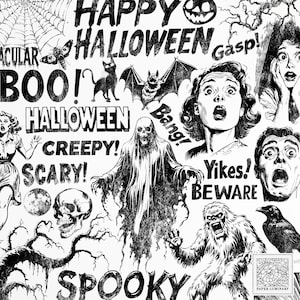 Peut inclure: Illustration en noir et blanc de personnages et de texte d'Halloween effrayants. L'illustration comprend un fantôme, un monstre, une chauve-souris, une toile d'araignée, un crâne et du texte qui dit "Joyeux Halloween", "Boo!" et "Creepy!"