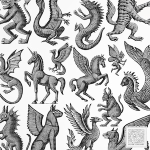 25 ilustraciones de criaturas medievales de estilo vintage (PNG y SVG) - Efímeras de diario basura, descarga digital, PNG transparentes, imágenes prediseñadas