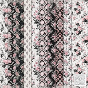 May include: A collection of patterned papers with floral and damask designs. The papers feature a color palette of black, white, and pink. The patterns include roses, ornate damask, and geometric shapes. The Paper Luminary logo is in the bottom right corner.