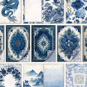 Minicuaderno de diario imprimible Heritage/Blue Willow: papel vintage para diario, descarga digital, imprimible, collage, álbum de recortes