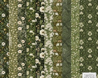 Olive Green Floral Vintage Style Paper Set: Junk Journal, Scrapbook (Digital Download)