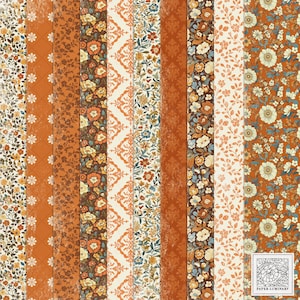 Könnte beinhalten: Ein Set mit 10 digitalen Papiermustern mit floralen und geometrischen Designs in Orange-, Braun-, Weiß- und Blautönen. Die Muster eignen sich perfekt für Scrapbooking, Kartenherstellung und andere Bastelprojekte.