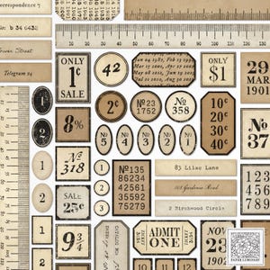 Vintage Numbers & Numerical Labels - Wydrukowalny kolaż/grupa Junk Journal Ephemera, cyfrowe pobieranie, Wydrukowalny, Scrapbooking Ephemera