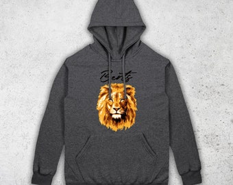May include: A dark grey hooded sweatshirt with a lion graphic and the word "Berts" in black script.