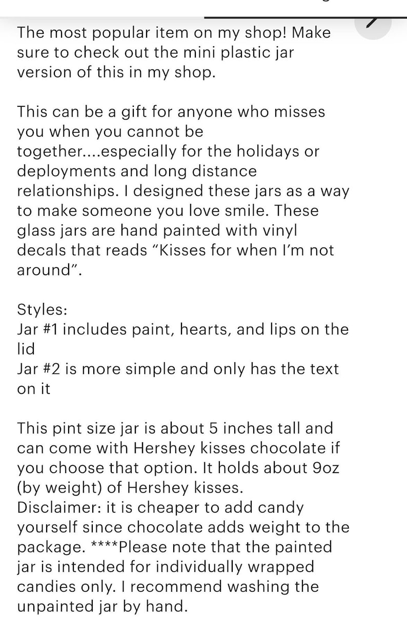 May include: Text on a white background describes a popular item: a mini plastic jar. The text explains the jar is a gift for loved ones, especially during holidays or long-distance situations. The jar is 5 inches tall and can hold Hershey kisses.