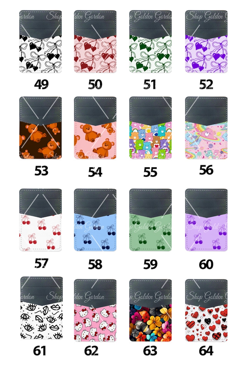 Peut inclure: Un ensemble de 14 designs de portefeuilles de t&eacute;l&eacute;phone avec diff&eacute;rents motifs, notamment des c&oelig;urs, des ours, des cerises et des personnages de dessins anim&eacute;s. Chaque design est affich&eacute; sur un portefeuille de t&eacute;l&eacute;phone noir avec une poche pour cartes.