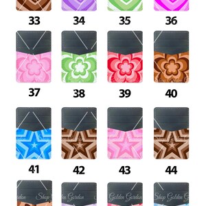 Peut inclure: Ensemble de 12 porte-cartes pour t&eacute;l&eacute;phone avec diff&eacute;rents motifs. Les motifs comprennent des c&oelig;urs, des fleurs, des &eacute;toiles et des papillons. Les porte-cartes sont tous noirs avec une poche grise sur le devant. Les porte-cartes sont num&eacute;rot&eacute;s de 33 &agrave; 48.