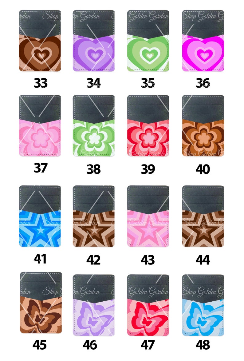 Peut inclure: Ensemble de 12 porte-cartes pour t&eacute;l&eacute;phone avec diff&eacute;rents motifs. Les motifs comprennent des c&oelig;urs, des fleurs, des &eacute;toiles et des papillons. Les porte-cartes sont tous noirs avec une poche grise sur le devant. Les porte-cartes sont num&eacute;rot&eacute;s de 33 &agrave; 48.