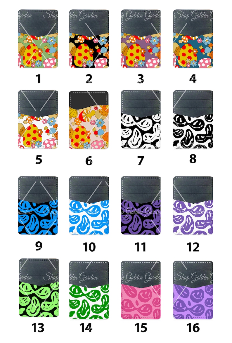 Peut inclure: Seize designs diff&eacute;rents pour porte-cartes de t&eacute;l&eacute;phone. Les designs pr&eacute;sentent une vari&eacute;t&eacute; de motifs, notamment des champignons, des visages souriants et des formes abstraites. Les porte-cartes sont en mat&eacute;riau gris fonc&eacute; avec une poche pour tenir une carte.