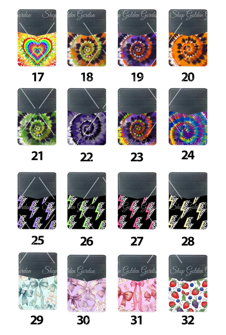 Peut inclure: Un ensemble de 32 motifs de portefeuilles de t&eacute;l&eacute;phone pr&eacute;sentant divers motifs, notamment des tie-dye, des &eacute;clairs, des n&oelig;uds et des baies. Les motifs sont affich&eacute;s sur un fond noir avec des num&eacute;ros blancs indiquant chaque motif.