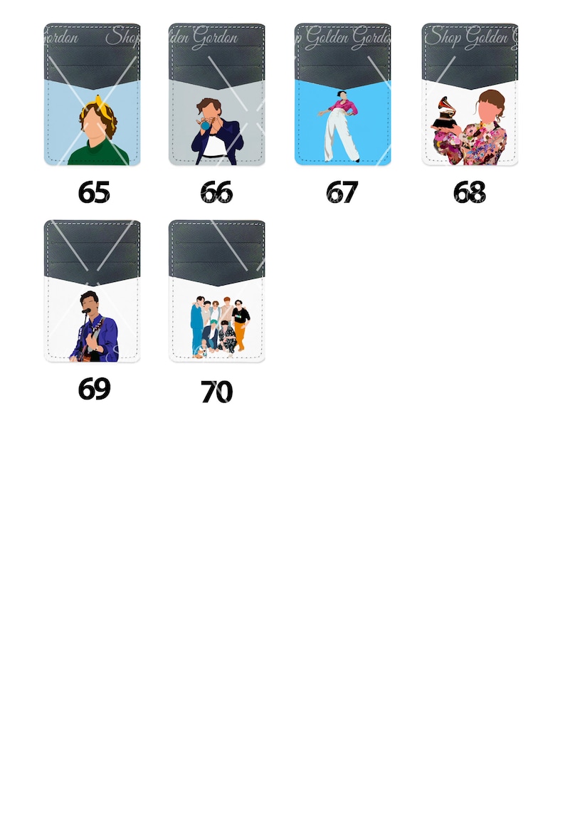 Peut inclure: Un ensemble de 10 &eacute;tuis de t&eacute;l&eacute;phone portefeuille avec diff&eacute;rentes images d'un artiste de musique populaire. Les &eacute;tuis sont noirs avec un int&eacute;rieur blanc et une fen&ecirc;tre en plastique transparent pour afficher l'image.