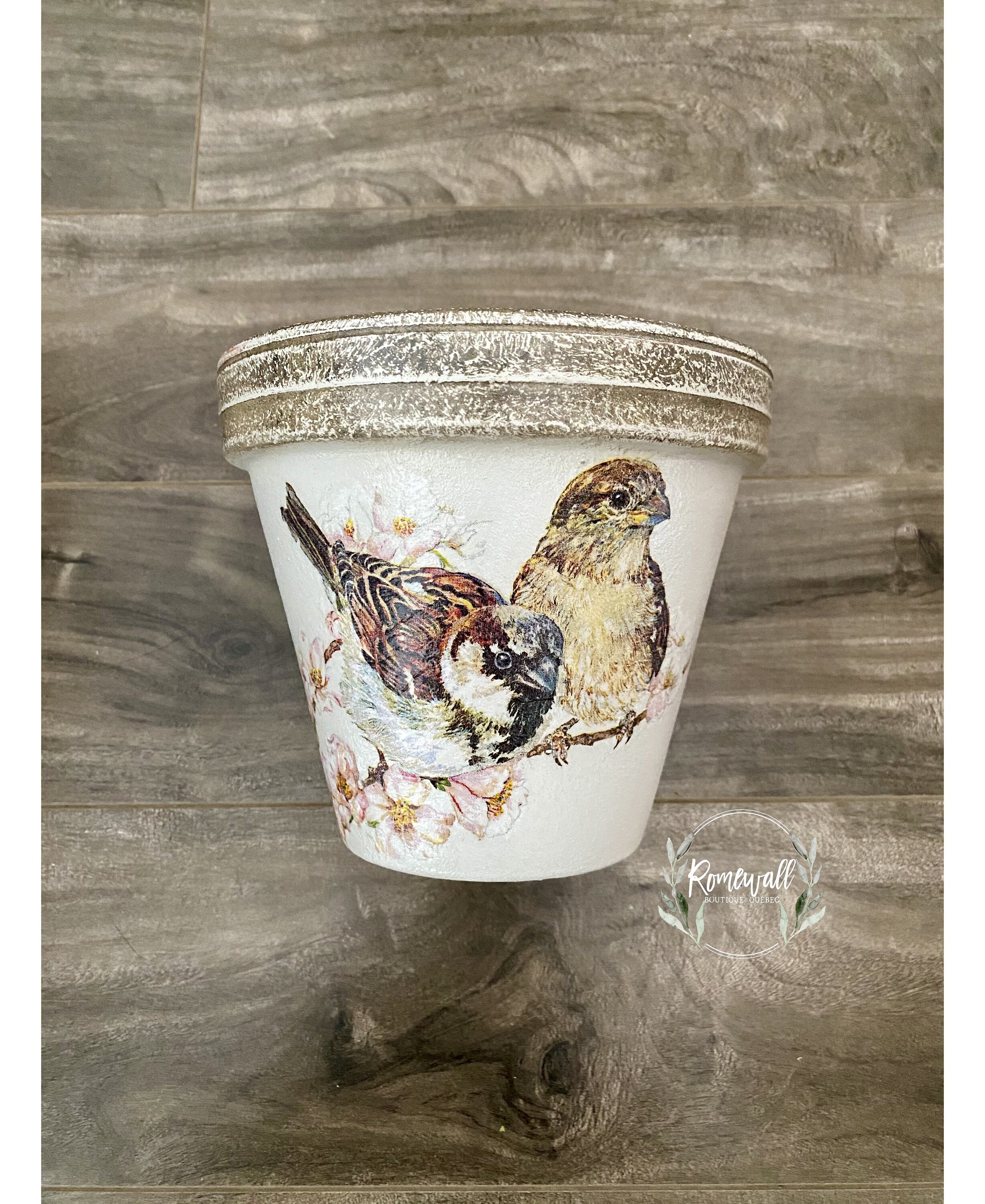 Hand Painted Terracotta Planter, Home Decor, Planter, Bird Decoupage