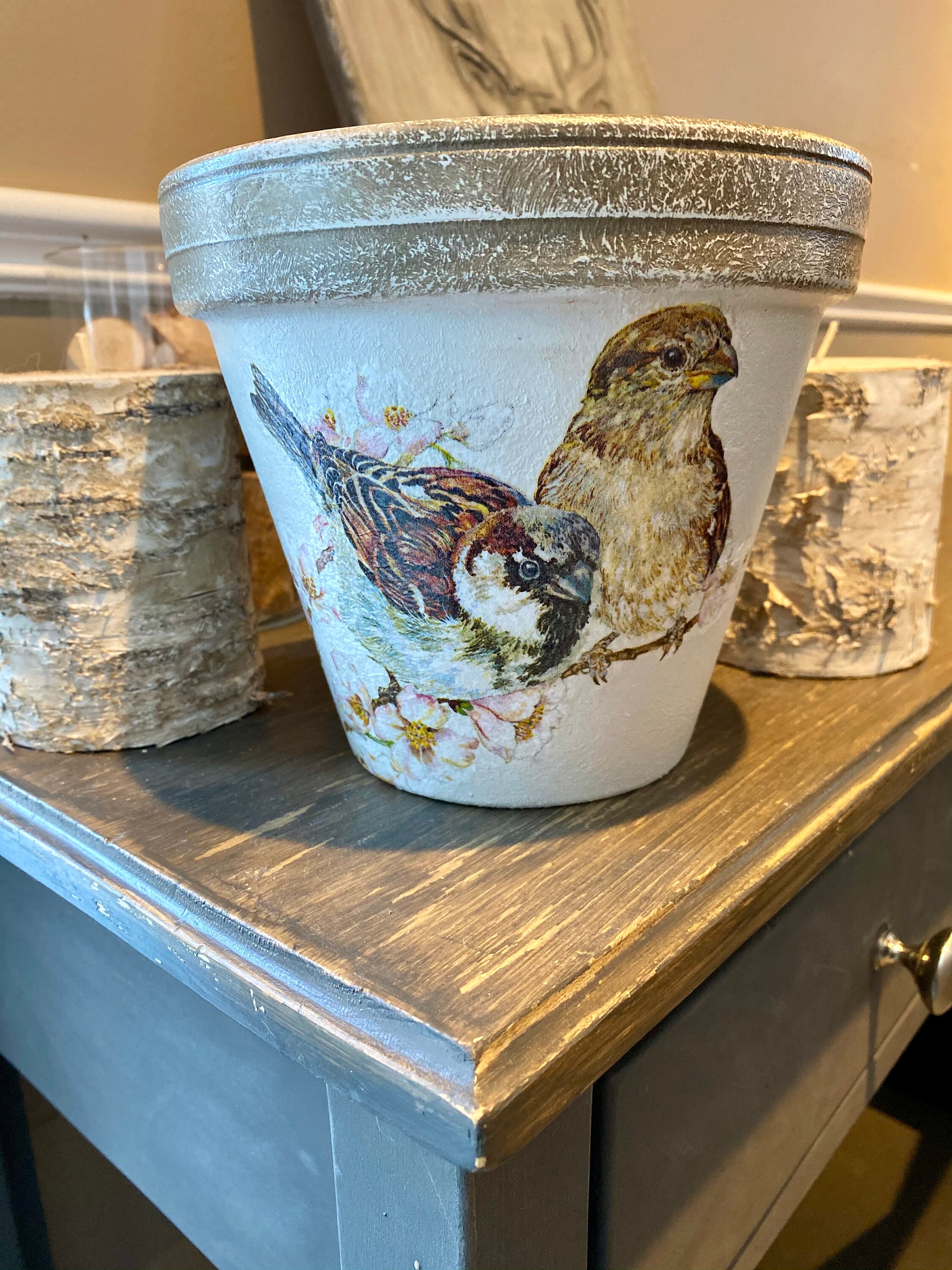 Hand Painted Terracotta Planter, Home Decor, Planter, Bird Decoupage