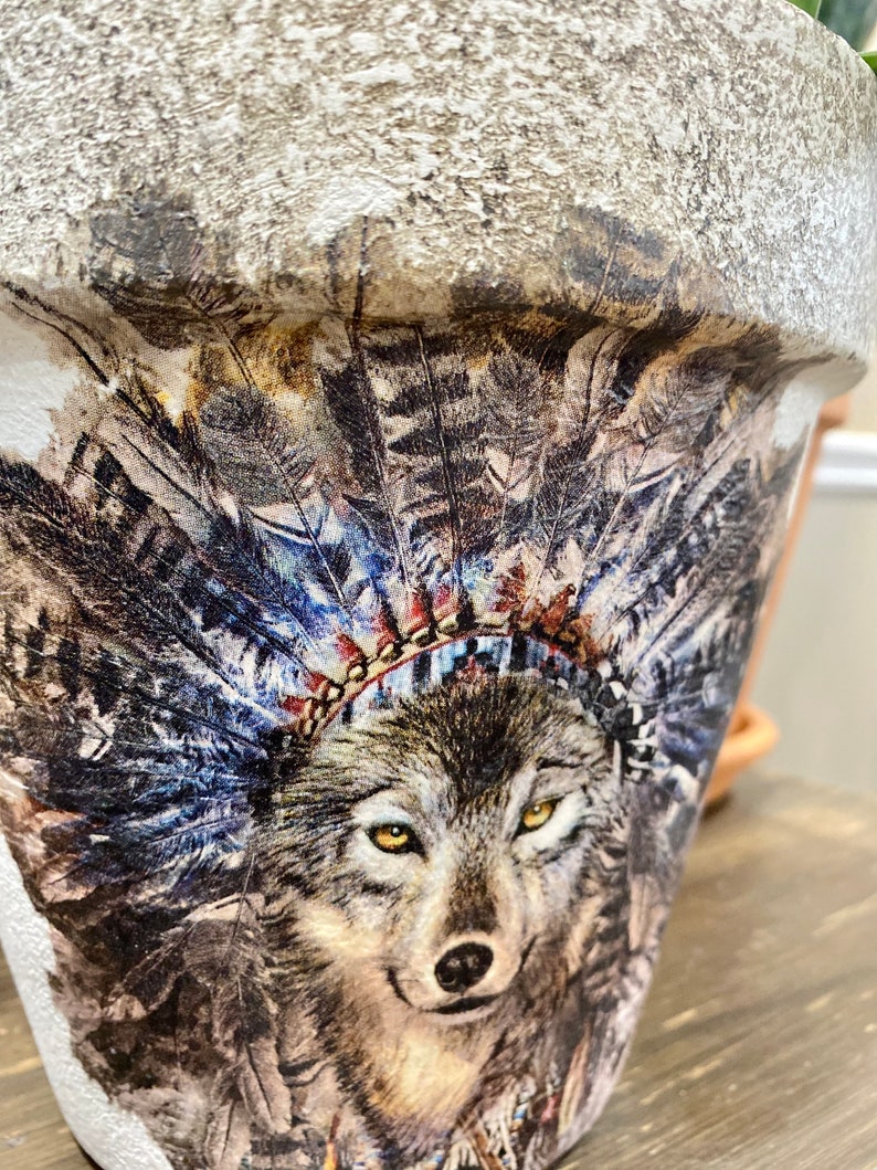 Aboriginal Wolf, Hand Painted Terracotta Pot, Planter, Native Wolf