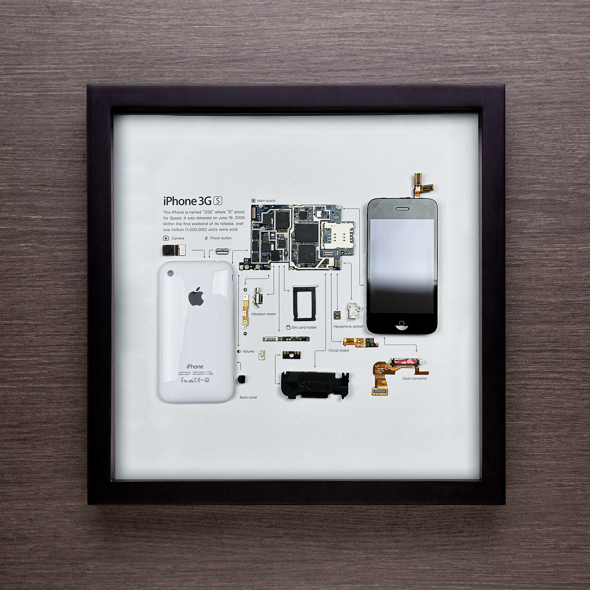 Framed iPhone 3gs Disassembled Phone Wall Art Gifts for Tech / Apple Lovers  Grid Frame Studio 