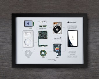 Framed Apple iPod Classic 4th Gen Disassembled Wall Art Tear Down Artwork Gifts for Tech / Apple Lovers Wall Decor Home Decor