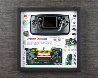 Arte de Game Gear desmontado, deconstrucción tecnológica enmarcada