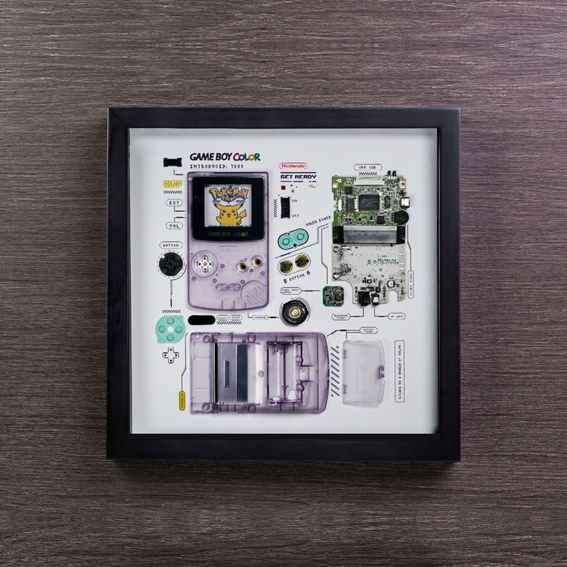 Framed Nintendo Game Boy Color GBC Disassembled Game Console Tear Down Wall Art Gifts for Friends Wall Decor Clear Atomic Purple