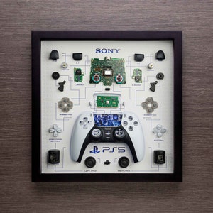 Może przedstawiać: Oprawiona grafika przedstawiająca rozłożony kontroler PlayStation 5. Biało-czarny kontroler jest centralnym punktem, otoczonym oznaczonymi elementami, takimi jak przyciski, płytki drukowane i gumowe podkładki. Widoczne są logo Sony i PS5.