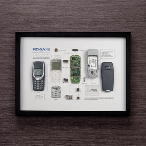 Framed Nokia 3310 Disassembled Phone Teardown Artwork Wall Art Gifts for Tech Lovers Home Decor