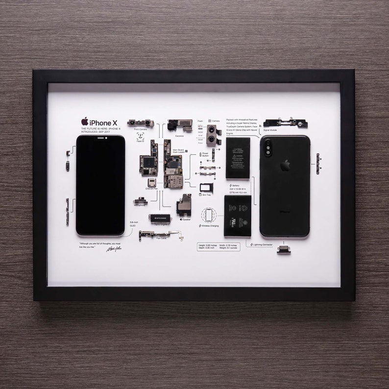 Framed iPhone 3 3Gs 4 4s 5 6 7 8 X Disassembled Phone Wall Art Gifts for Tech / Apple Lovers Grid Frame Studio X