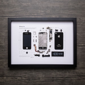 Framed iPhone 3 3Gs 4 4s 5 6 7 8 X Disassembled Phone Wall Art Gifts for Tech / Apple Lovers Grid Frame Studio 4S