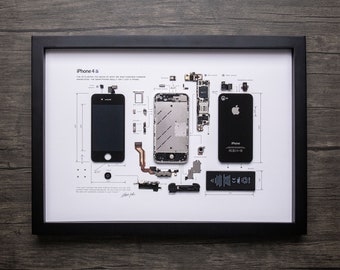 Framed iPhone 3 3Gs 4 4s 5 6 7 8 X Disassembled Phone Wall Art Gifts for Tech / Apple Lovers Grid Frame Studio