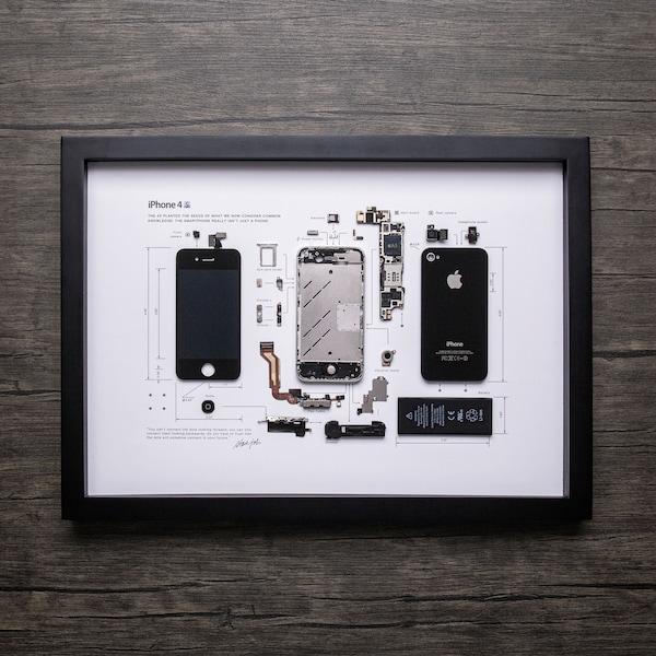 Framed iPhone 3 3Gs 4 4s 5 6 7 8 X Disassembled Phone Wall Art Gifts for Tech / Apple Lovers Grid Frame Studio