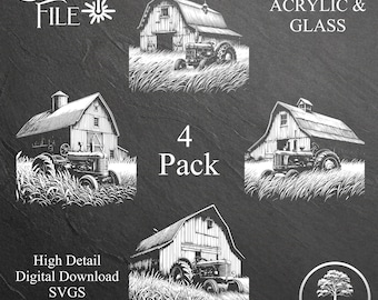 Può includere: Un set di quattro file SVG scaricabili in bianco e nero di una fattoria con un fienile rosso e un trattore. Il testo "LASER FILE" e "4 Pack" è visibile nell'immagine. Il testo "FOR SLATE ACRYLIC & GLASS" è anche visibile nell'immagine. Il testo "High Detail Digital Download SVGS" è visibile nell'immagine. Il testo "VIVID OAK GRAPHICS" è visibile nell'immagine.