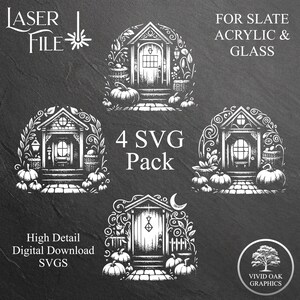 Puede incluir: Un conjunto de cuatro archivos SVG en blanco y negro que representan una cabaña caprichosa con una puerta y una luna. El texto "4 SVG Pack" está en el centro de la imagen. El texto "LASER FILE" está en la esquina superior izquierda de la imagen. El texto "FOR SLATE ACRYLIC & GLASS" está en la esquina superior derecha de la imagen. El texto "High Detail Digital Download SVGS" está en la esquina inferior izquierda de la imagen. El texto "VIVID OAK GRAPHICS" está en la esquina inferior derecha de la imagen.