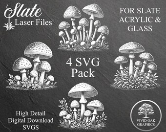 Mushrooms, Laser Engrave File Bundle, SVG for Slate Coasters, Glass Mugs, Acrylic Night Lights
