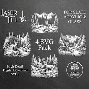 Puede incluir: Un conjunto de cuatro archivos SVG en blanco y negro que representan un ciervo en un entorno forestal. El texto "4 SVG Pack" está en el centro de la imagen. El texto "LASER FILE" está en la esquina superior izquierda de la imagen. El texto "FOR SLATE ACRYLIC & GLASS" está en la esquina superior derecha de la imagen. El texto "High Detail Digital Download SVGS" está en la esquina inferior izquierda de la imagen. El texto "VIVID OAK GRAPHICS" está en la esquina inferior derecha de la imagen.