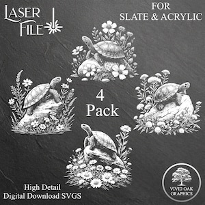 May include: Four black and white digital illustrations of turtles on rocks surrounded by flowers. The illustrations are labeled "LASER FILE" and "4 Pack".