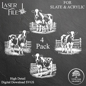 ホルスタイン牛バンドル - 4 つのスレート彫刻ファイル、コースター、アクリル、ガラスへのスレート彫刻用の SVG インスタント デジタル ダウンロード ファイル