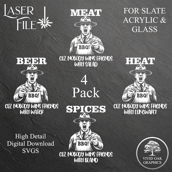 Grill Sergeant Bundle - 4 SLATE Engrave Files, SVG Instant Digital Download Files for Slate Engraving on Coasters Acrylic & Glass
