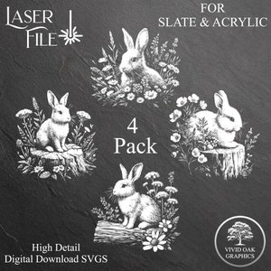 Wildflower Rabbit Bundle - 4 SLATE Engrave Files, SVG Instant Digital Download Files pour la gravure en ardoise sur coasters acrylique et verre