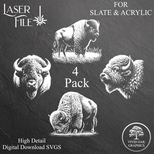 Buffalo (Bison) Bundle - 4 SCHIEFER Gravur Dateien, SVG Sofortiger digitaler Download für Schiefer Gravur auf Untersetzer Acryl & Glas
