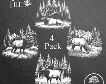 Paquete de archivos SVG para grabado láser de Elk Forest / Diseño de posavasos de pizarra y vidrio