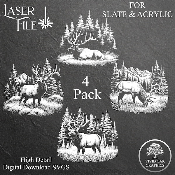 Forest Elk Bundle - 4 SLATE Engrave Files, SVG, Instant Digital Download Files for Slate Engraving on Coasters Awards Plaques Frames Signs