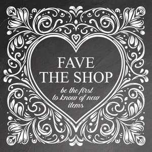 Puede incluir: Ilustraci&oacute;n en blanco y negro de un coraz&oacute;n con detalles florales ornamentados. El texto "FAVE THE SHOP" est&aacute; dentro del coraz&oacute;n, con el lema "be the first to know of new items" debajo.