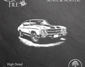 May include: Black and white line art illustration of a classic car, a Chevrolet Chevelle, for laser cutting. The image is labeled "LASER FILE" and "FOR SLATE & ACRYLIC".