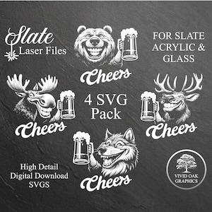 May include: Four black and white SVG digital download files of a moose, bear, deer, and wolf holding a beer mug with the text "Cheers" and "4 SVG Pack".