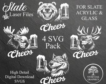 Paquete SVG de animales "Beer Cheers": alces, osos, wapitíes y lobos. Archivos de grabado en pizarra, acrílico y vidrio.