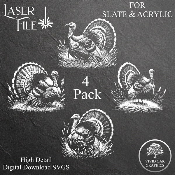 Wild Turkey Bundle - 4 SLATE Engrave Files, SVG Instant Digital Download Files for Engraving on Slate Coasters, Trays, Acrylic & Glass